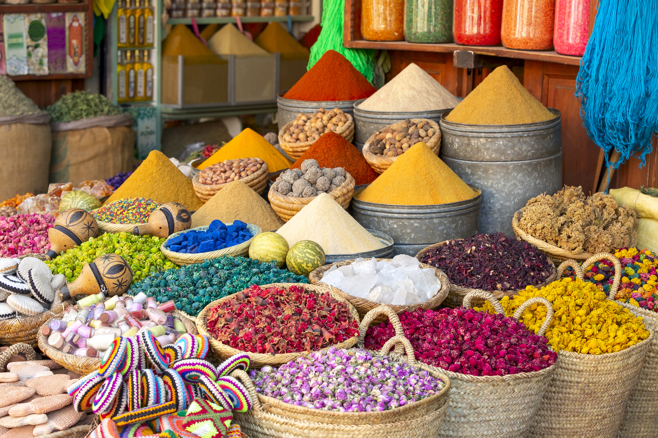 Spices and dyes found at souk market in Marrakesh