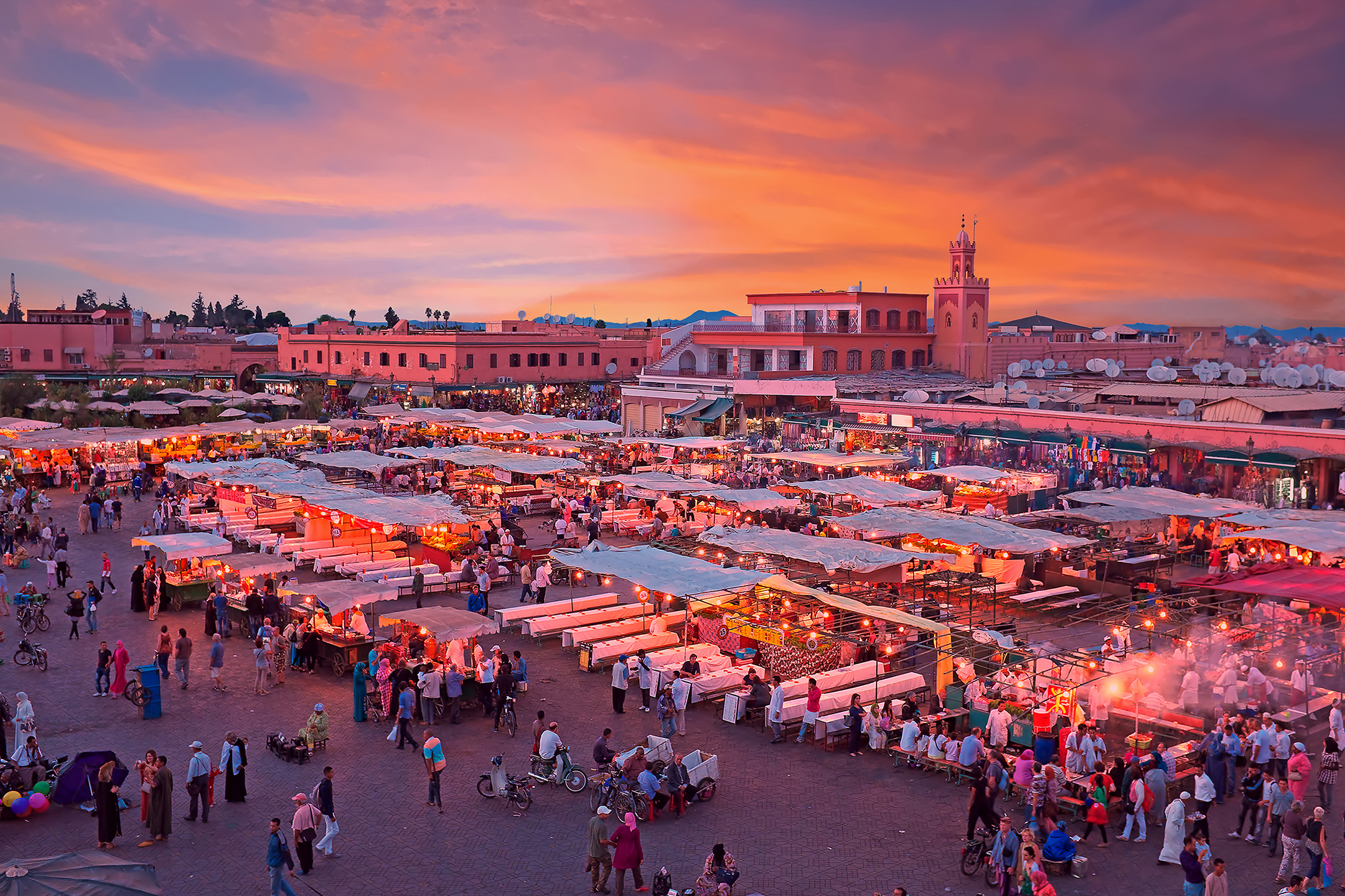 Evening on Djemaa El Fna Square with Koutoubia Mosque