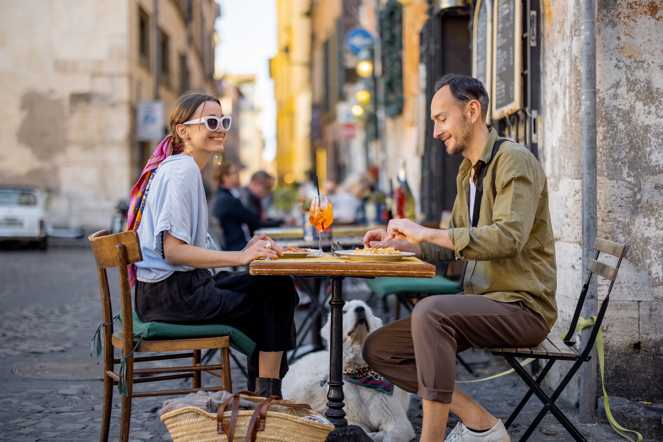 Italian pasta at restaurant on the street in Rome