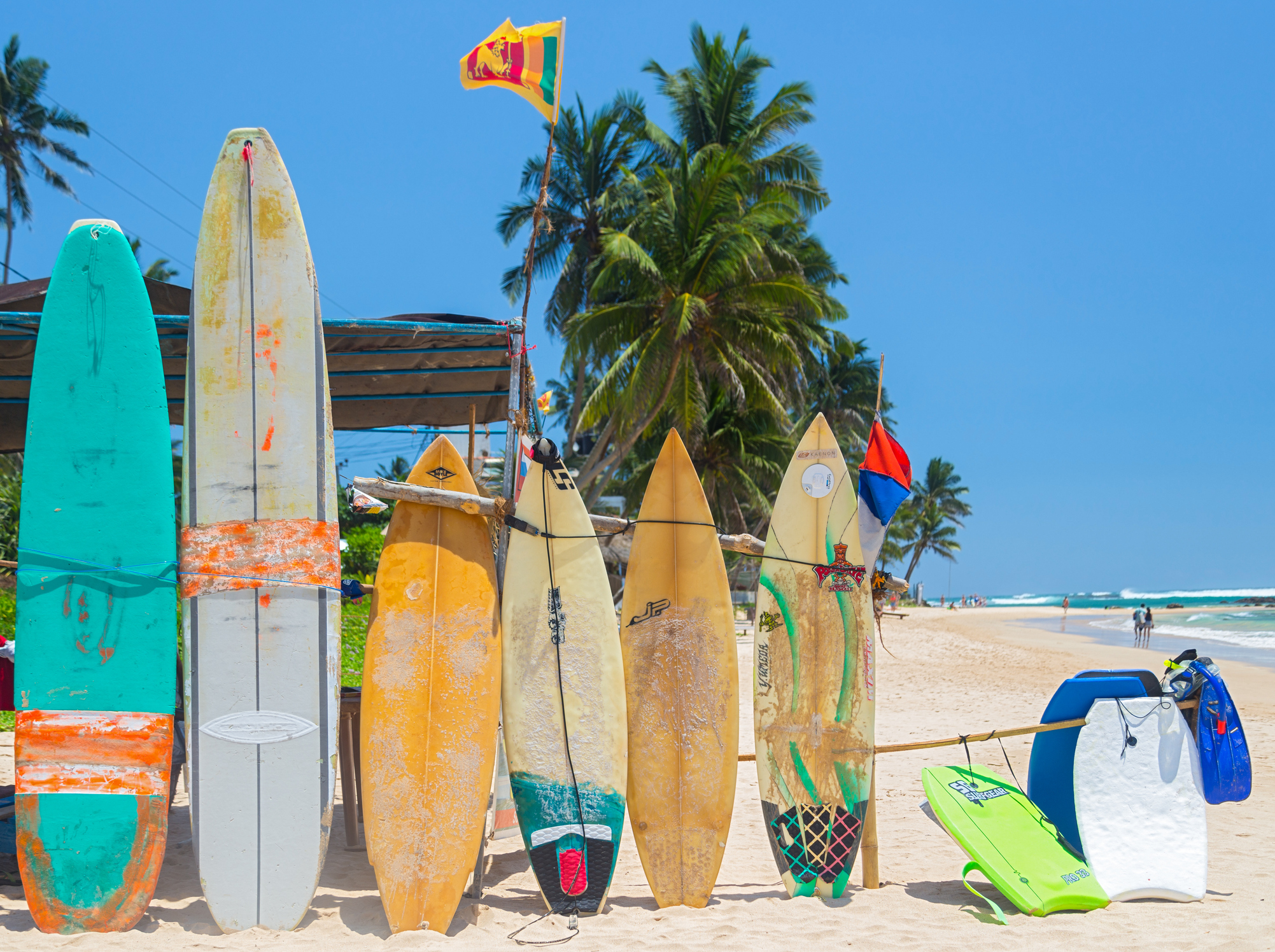 Surfboards on sandy Weligama beach