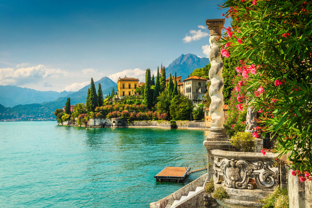 Oleander flowers and villa Monastero in backgroun