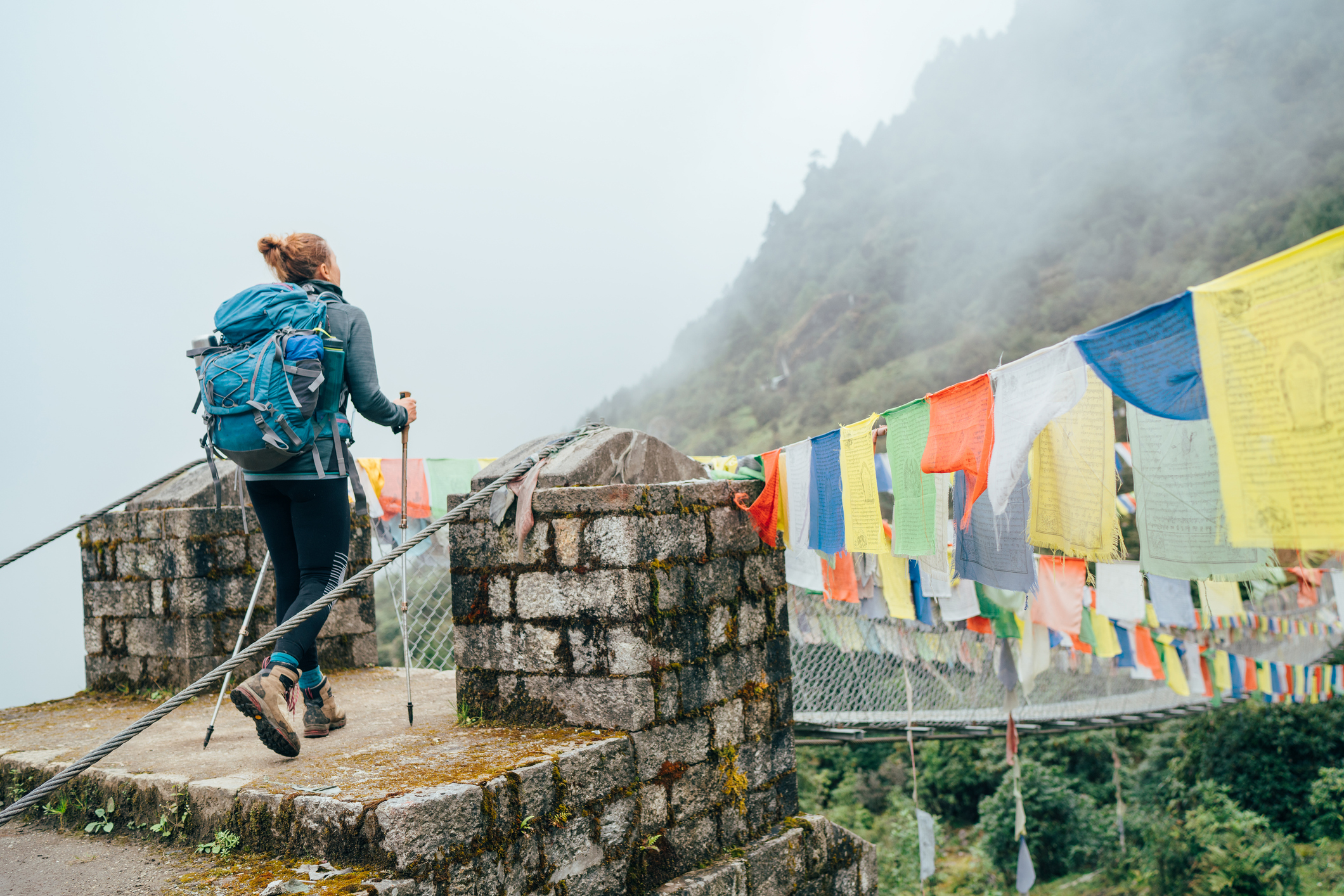 Tibetan flags over the gorge near Lukla